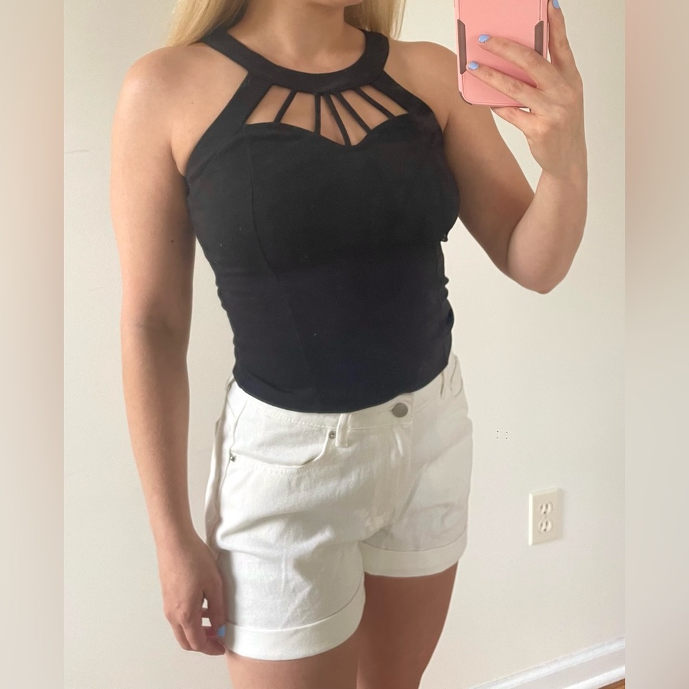 *5/$20 or 3/$15* Black High Neck Corset-like Top with Cut Outs